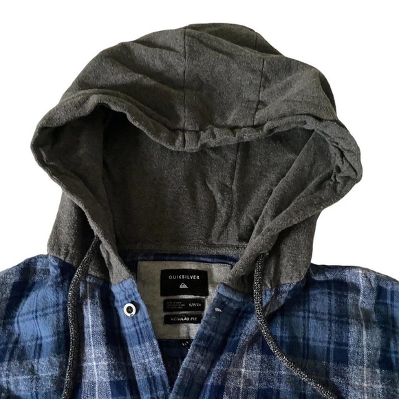 QUIKSILVER REGULAR FIT BUTTON DOWN FLANNEL HOODIE BLUE GRAY MENS SMALL - Picture 4 of 8